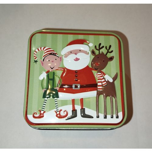 Karácsonyi fém díszdoboz, mini (mikulás és barátai)