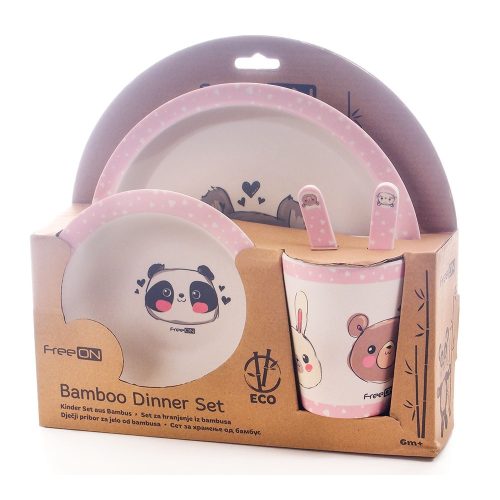 FreeON bambusz étkészlet 5 db-os - Rózsaszín állatok