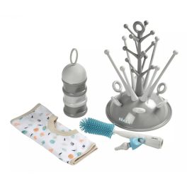   Béaba Baba ajándék szett - Cumisüveg szárító szürke + Több rekeszes tápszertartó doboz Halvány/Sötét köd + Szilikon cumisüveg mosó kefe + Pamut Előke Tropical