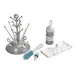 Béaba Baba ajándék szett - Cumisüveg szárító szürke + Több rekeszes tápszertartó doboz Halvány/Sötét köd + Szilikon cumisüveg mosó kefe + Pamut Előke Tropical
