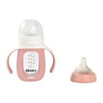 Béaba 2 az 1-ben Tanuló cumisüveg 210 ml + Szilikon borítással - Sötét rózsaszín
