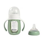 Béaba 2 az 1-ben Tanuló cumisüveg 210 ml + Szilikon borítással - Zsályazöld