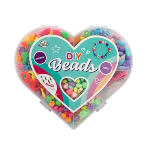 Szivárványos és pasztell színű gyöngyfűző készlet szív alakú dobozban Grafix
