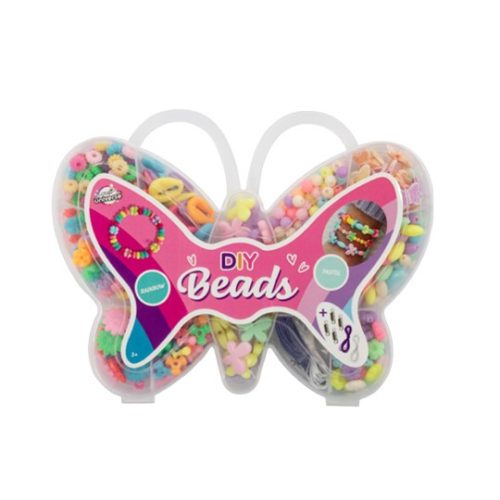 Szivárványos és pasztell színű gyöngyfűző készlet pillangó alakú dobozban Grafix