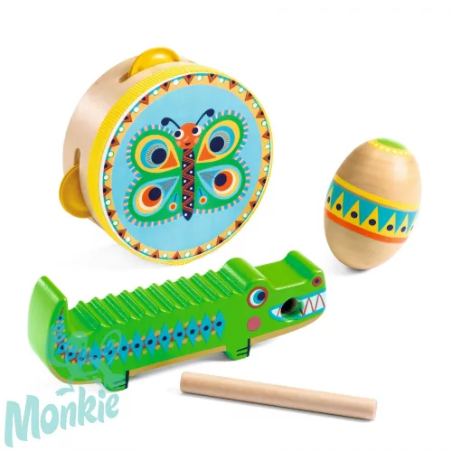 Játékhangszer - Tamburin, maracas, guiro - Set of percussions: tambourine, maracas, guiro